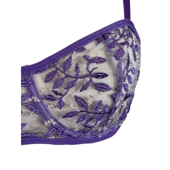 Women Bra XL Purple Sheer Floral Mesh Feminine Sexy Underwire Retro 80s - Picture 2 of 11